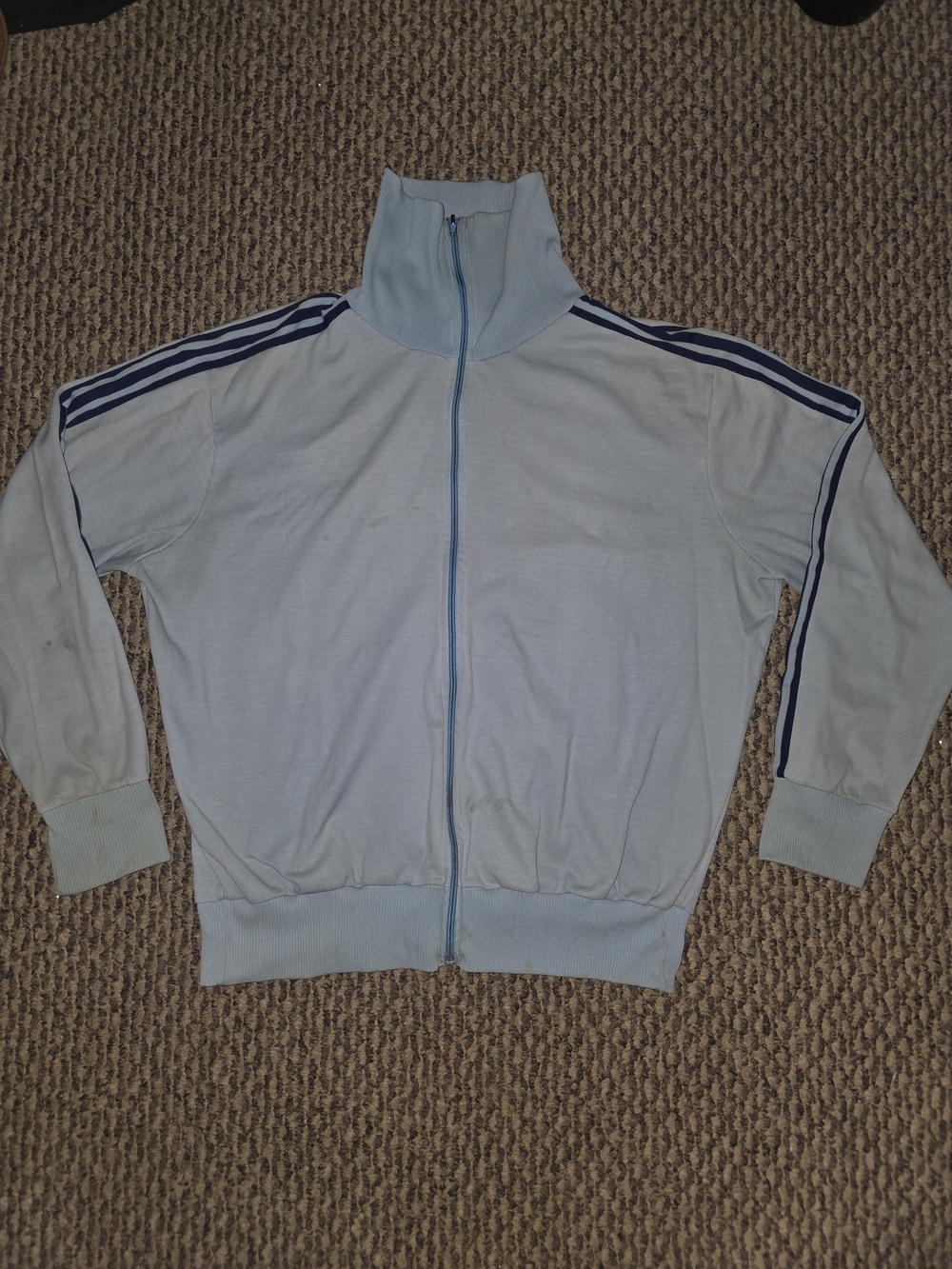 1970's adidas Light Blue Zip-Up Track Jacket with Navy Stripes